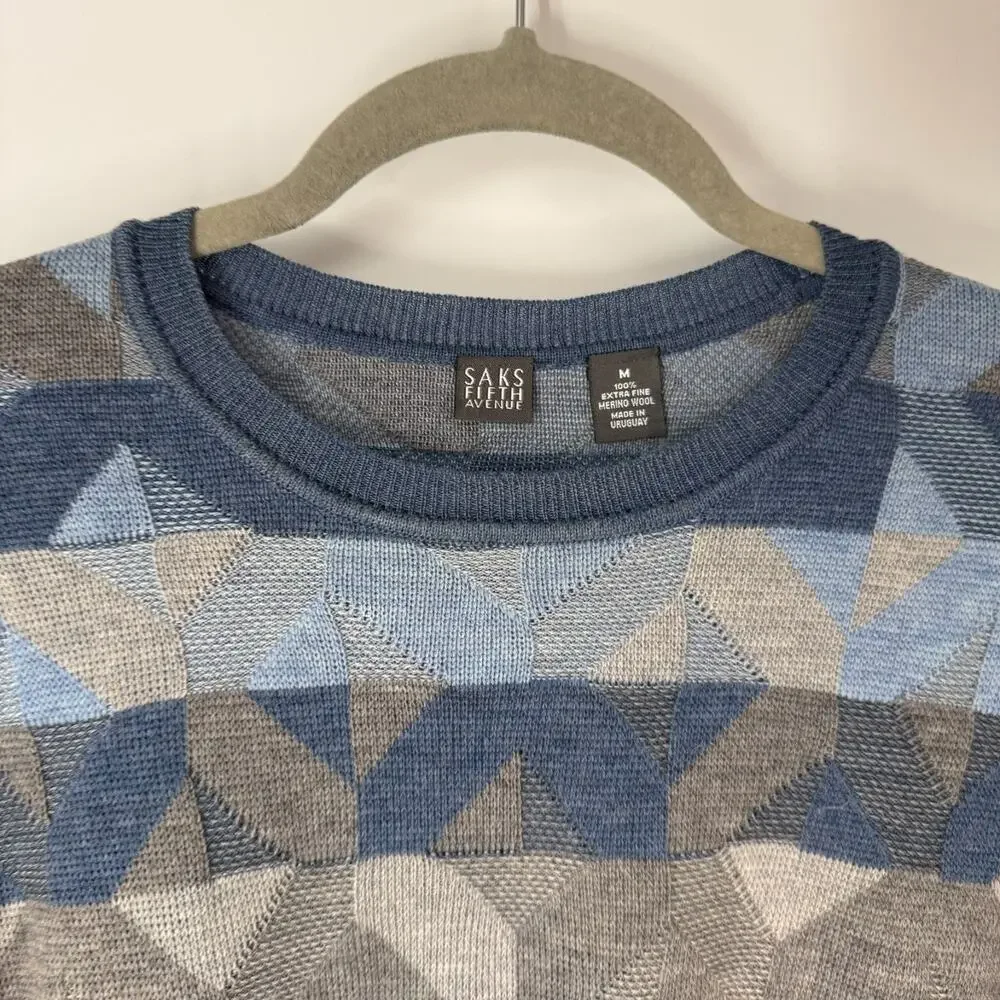 Saks Fifth Avenue Merino Wool Sweater Mens M Blue Gray Print Crew Neck Pullover